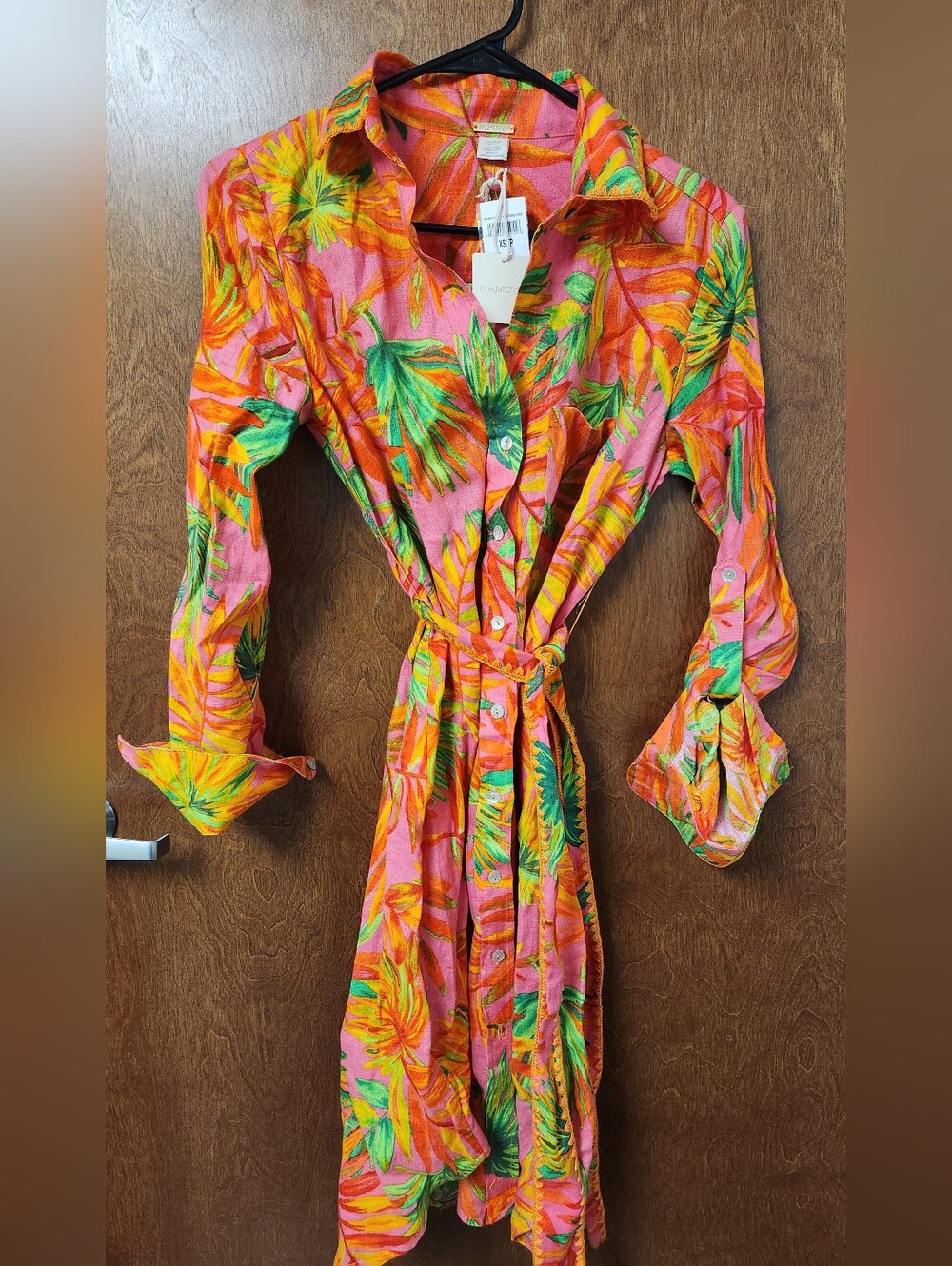 Magaschoni Pink Tropical Print Midi Shirt Dress with Green Accents